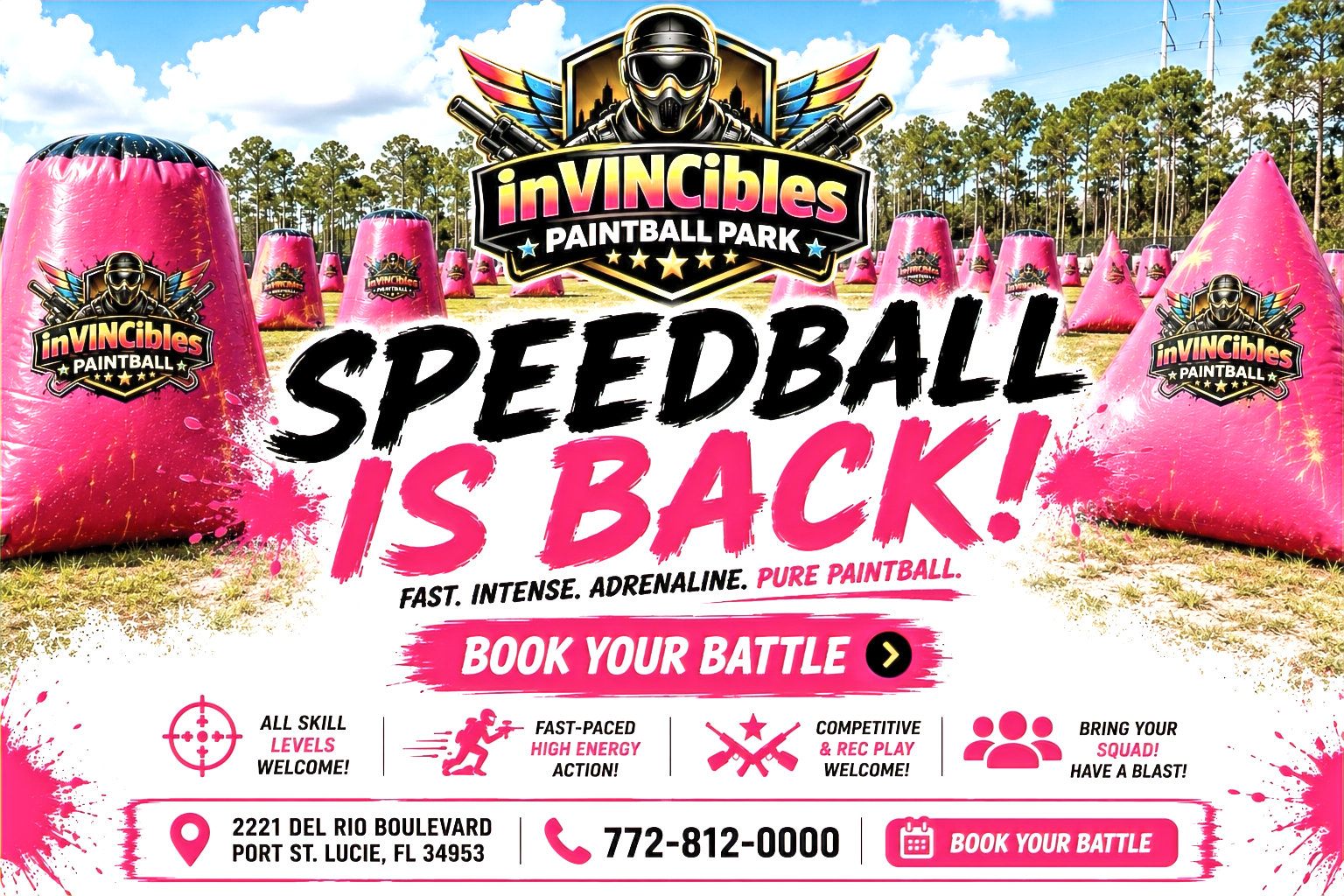 Speedball field with pink inflatable bunkers